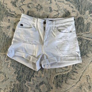 KanCan White Cuffed Jean Shorts Mid Rise Destroyed Stretch Denim Juniors
